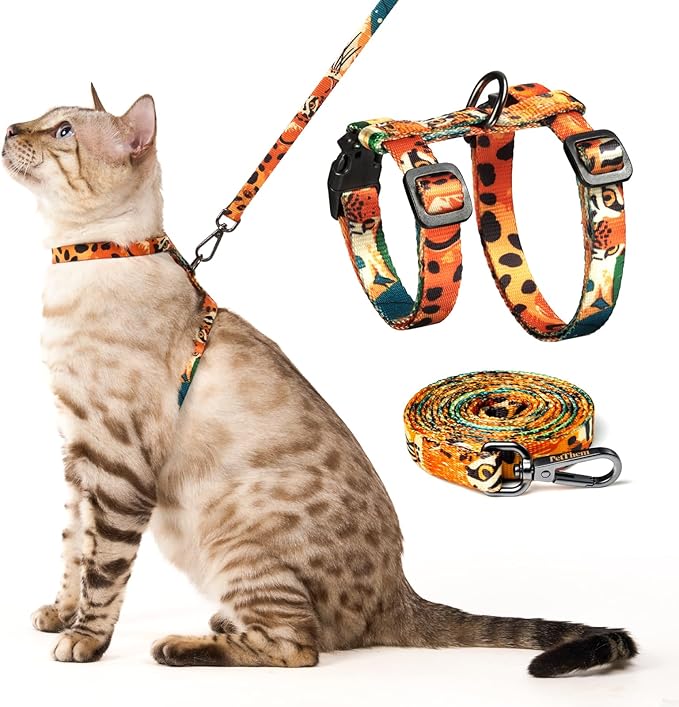 Cat Harness and Leash Set - Escape Proof Adjustable Cat Harness, Comfortable Soft Lightweight, Use Safe & Easy, Walking Travel Kitten Harness for Small Medium Large Cats (Orange King of The Jungle)