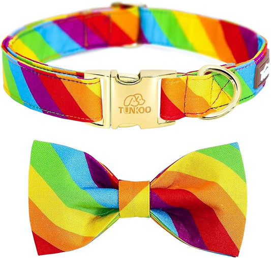 Tunkoo Rainbow Dog Collar with Very Pretty Bow Tie for LGBT Pride Month - Adjustable and Comfortable Collar for Large Medium Small Pet S