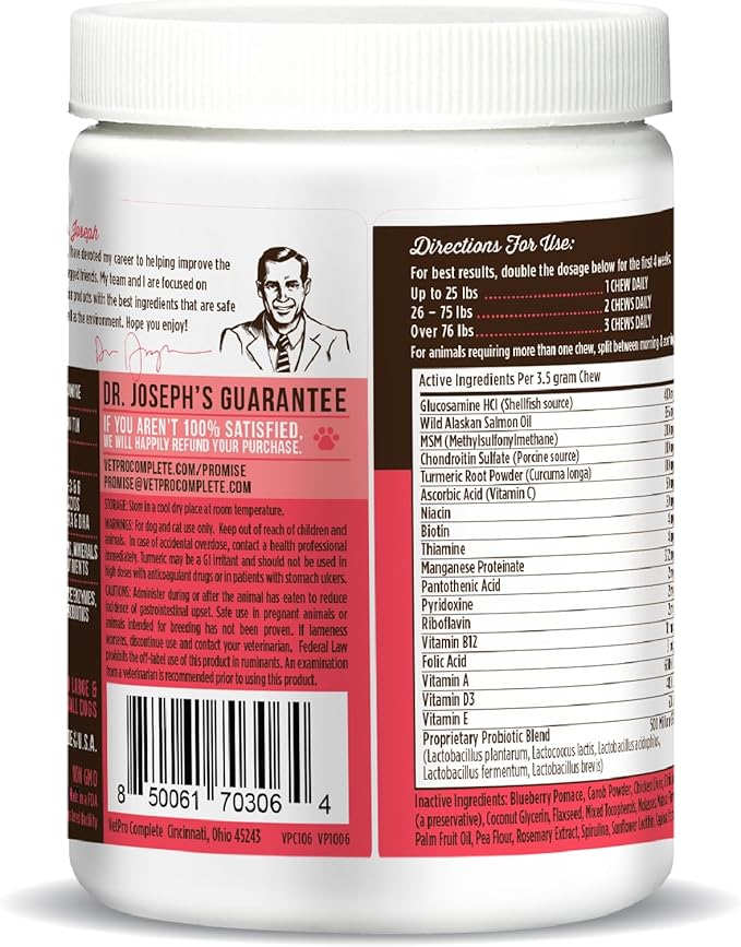 Dr. Joseph's VetPro Complete Multivitamin Dog Supplement, 120 Count, 5in1 Chew with Vitamins, Enzymes & Nutrients, Glucosamine for Hip & Joint Health, Immune System & Allergy Support