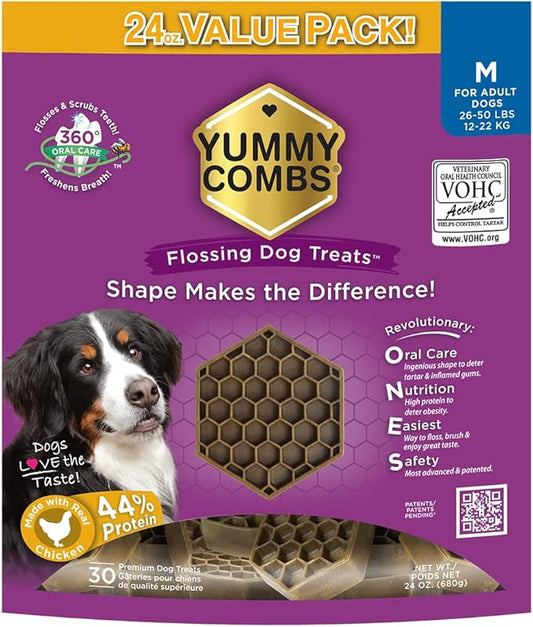 Dog Dental Treats – Vet VOHC Approved – Delicious Chicken Protein – Removes Tartar with Cleaning Comb Shape – Dental Dog Treats for Medium Dogs (24oz, 30 Count)