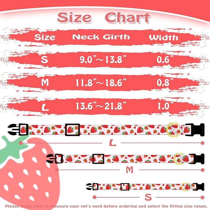 Cute Cotton Dog Collar for Small Medium Large Dogs Special Design Cute Pink Strawberry Dog Collar for Girl Female Dogs Soft Adjustable Strawberry Puppy Collars for Girl Female Dogs Pet Collar