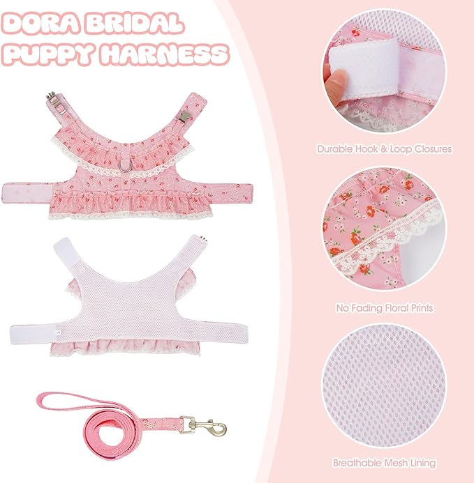 Dog Dress for Small Dogs,Cute Floral Girl Female Dog Dress Harness, Easy Walk Dogs Harness and Leash Set, Spring Summer Cat Puppy Outfit Clothes for Chihuahua Yorkshire, Pink L