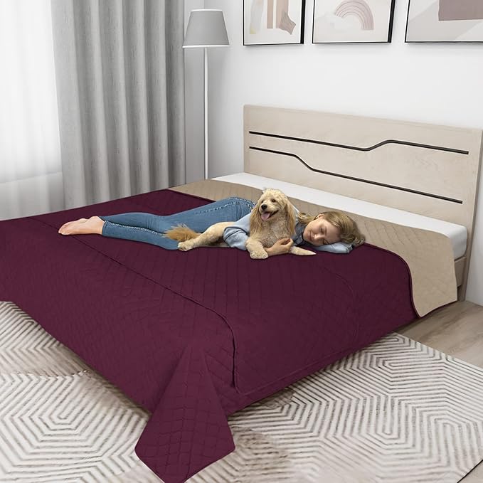 Easy-Going 100% Waterproof Dog Bed Cover Reversible Leak Proof Couch Cover Washable Sofa Cover Furniture Protector Blanket for Pets Kids Children Dog Cat (96x90 Inch, Wine/Beige)