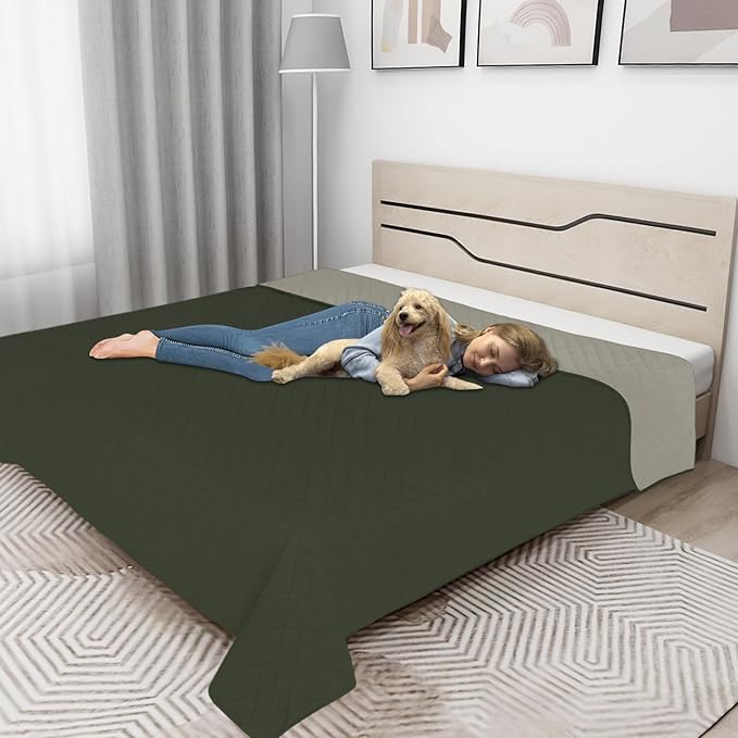 Easy-Going 100% Waterproof Dog Bed Cover Reversible Leak Proof Couch Cover Washable Sofa Cover Furniture Protector Blanket for Pets Kids Children Dog Cat (52x86 Inch, Army Green/Beige)