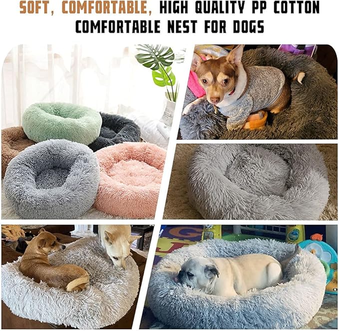 Dog Calming Beds for Small Medium Large Dogs - Round Donut Washable Puppy Dog Bed, Anti-Slip Faux Fur Fluffy Donut Cuddle Anxiety Cat Pet Bed(Light Grey 20")