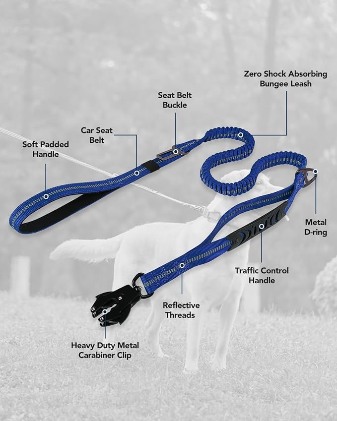 Joytale Tactical Dog Leash Heavy Duty, 4-6FT Shock Absorbing Bungee Lead with 2 Padded Handle, Metal Carabiner Clip, Car Seatbelt, Strong No Pull Leash for Medium Large X-Large Dogs, Navy Blue