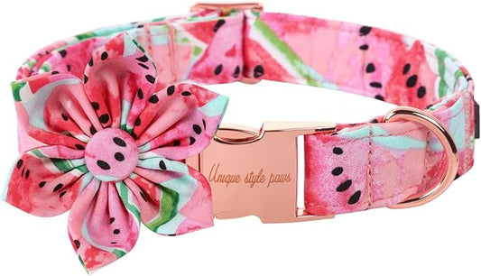 Unique style paws Dog Collar with Flower Tie Cotton Watermelon Collar Adjustable Summer Collar for Small Medium Large Dogs - XL