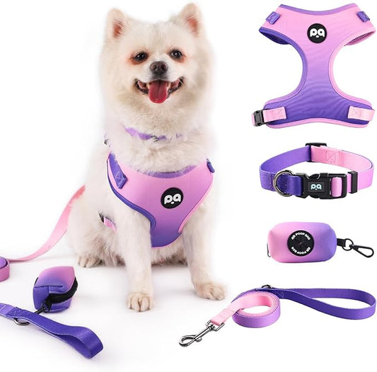 QQPETS Dog Harness Collar Leash with Poop Bag Holder 4 PCS Set, Adjustable No Pull Soft Mesh Padded Vest for Small Medium Large Pet Puppy Outdoor Walking (Gradient Purple, L (Chest 22.4”-32.6”))