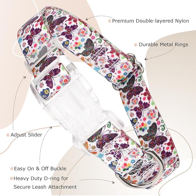 Girl Dog Collars for Large Dogs, Cute Dog Collar with Butterfly Patterns, Adjustable Durable and Comfortable Dog Collars with Safety Buckle for Small Medium Large Dogs (L)
