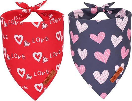 ADOGGYGO Valentine Dog Bandana, Red Blue Heart Pet Scarf, Premium Durable Fabric, Adjustable Fit Pet Valentine Bandanas for Medium Large Dogs (Large)