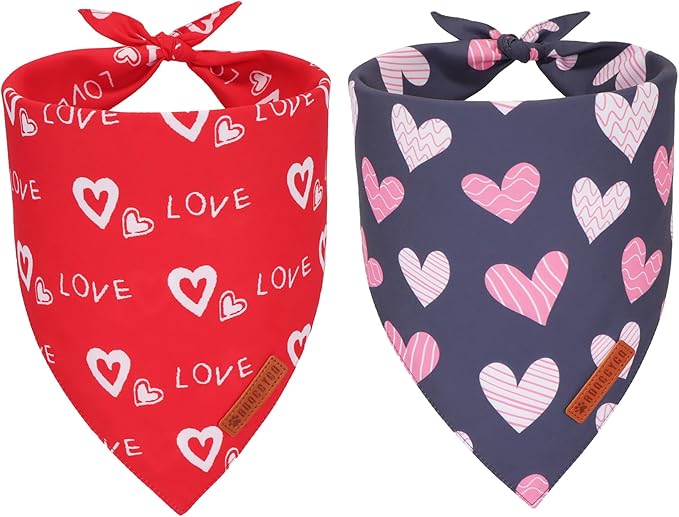 ADOGGYGO Valentine Dog Bandana, Red Blue Heart Puppy Scarf, Premium Durable Fabric, Adjustable Fit Pet Valentine Bandanas for Small Dogs (Small)