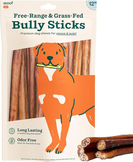 WOOF Bully Sticks Dog Treats - Chew Sticks for Dogs - Long-Lasting Dog Chew Treats - Dog Products Made with Free-Range, Grass-Fed Beef- 12" Sticks - 25pk
