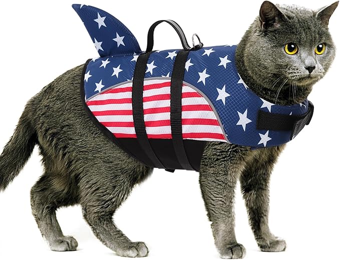Queenmore XS Dog Life Vest for Boating, American Flag Dog Life Vest for Swimming, Lightweight Small Dog Life Jacket with Shark Fin/Rescue Handle/Leash Hook