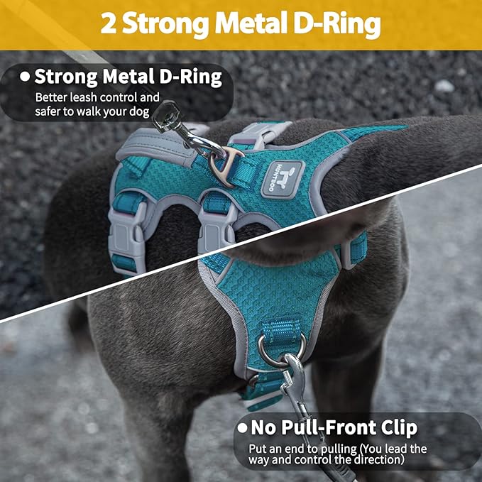 Escape Proof Dog Harness, No Pull Reflective Harness with Lift Handle, Adjustable Pet Vest with Front and Back Leash Clips for Small Medium Large Dogs Walking Hiking Training (Teal,XL)