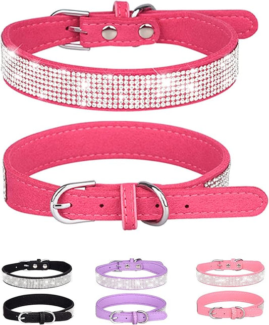Dog Collar for Large Dogs, Adjustable Leather Suede Bling Dog Collars，Rose Red Dog Collar Cat Collar, Rhinestone Dog Collar