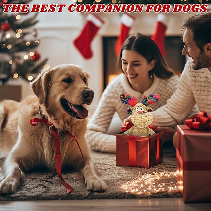 Dog Toys Squeaky Interactive Stuffed PP Cotton Puppy Teething Chew Toy Deer Shape Crinkle Sound Paper Tail, for Large Medium Small Breeds Indoor Outdoor Play