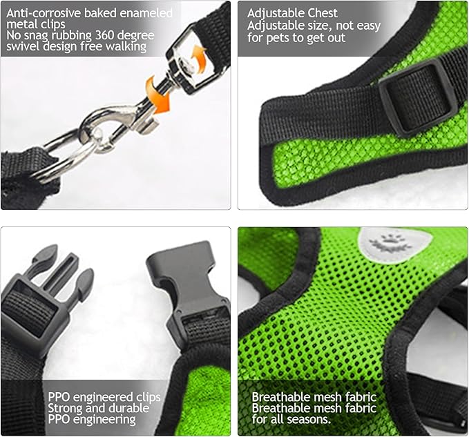 Dog Walking Chest Harness and Leash, Anti-Escape Adjustable Soft Mesh Dog Leash and Harness Set for Small Dog and Puppies, Vest for Medium Sized Dogs (Green, S)
