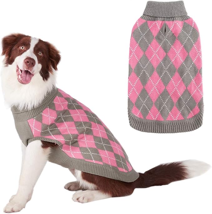 PAWCHIE Classic Dog Sweater Knit Turtleneck, Plaid Knitwear Sweaters, Warm Clothes for Medium Dogs