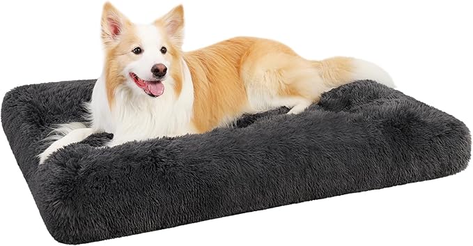 KSIIA Dog Crate Bed Washable Jumbo Dog Beds for Large Dogs Deluxe Plush Fluffy Comfy Thick Kennel Pad Anti-Slip & Anti-Scratch Pet Sleeping Mat, 48 x 29 Inch, Dark Gray