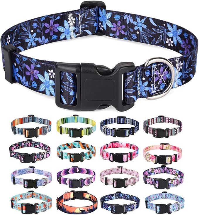 Dog Collar with Bohemia Floral Tribal Geometric Patterns - Soft Ethnic Style Collar Adjustable for Small Medium Large Dogs(Floral Blue,S)