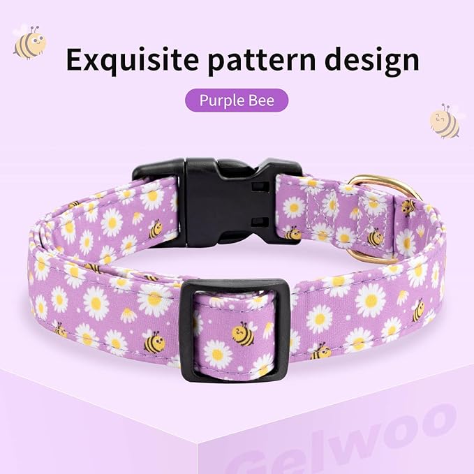 Cotton Dog Collar,Soft and Cute Puppy Collars with Bee Patterned Design for Girl Female Boy Dogs,Adjustable Buckle Pet Collar for Small Medium Large Dogs (Purple Bee, S)
