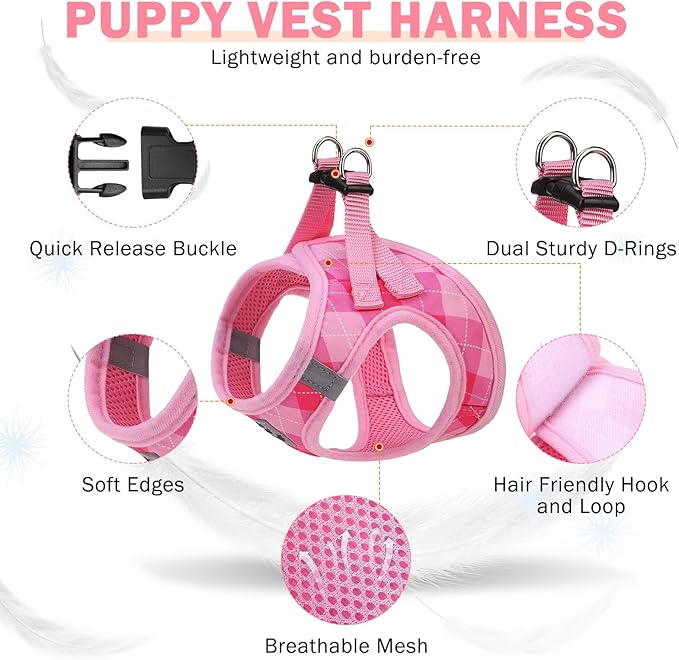 SCENEREAL Dog Harness Collar and Leash Set, Step-in No Pull Pet Vest Harnesses for Small Medium Dogs Puppy Cats, Soft Mesh No-Chock Reflective Vest Harness for Outdoor Walking Running, Pink Plaid S