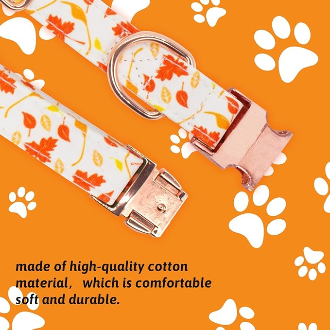 Dog Collar and Leash Set Girls Adjustable Puppy Collars with Floral Bow Tie for Small Medium Large Female Dogs, Orange Maple Leaf, XS