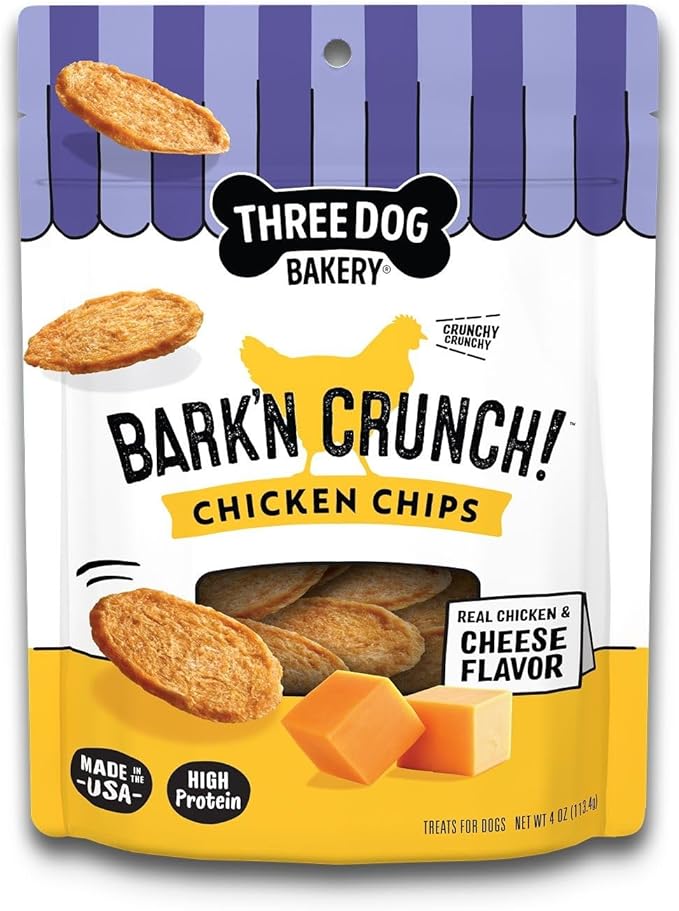 Three Dog Bakery Bark’N Crunch! Chicken Chips, Cheese Flavor, Crunchy Treat for Dogs, Two Ingredients, High Protein Snacks, No Artificial Flavors or Colors, Made in The USA, 4 oz
