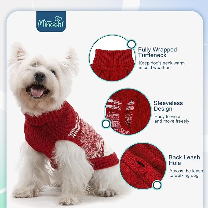 Mihachi Dog Sweaters for Small Dogs Girl Boy,Soft Warm Dogs Shirt, Cold Weather Dog Coat Turtleneck Knitted Pullover Dog Clothes Costume with Leash Hole for Large Cat Puppy Doggy Pet,Red S
