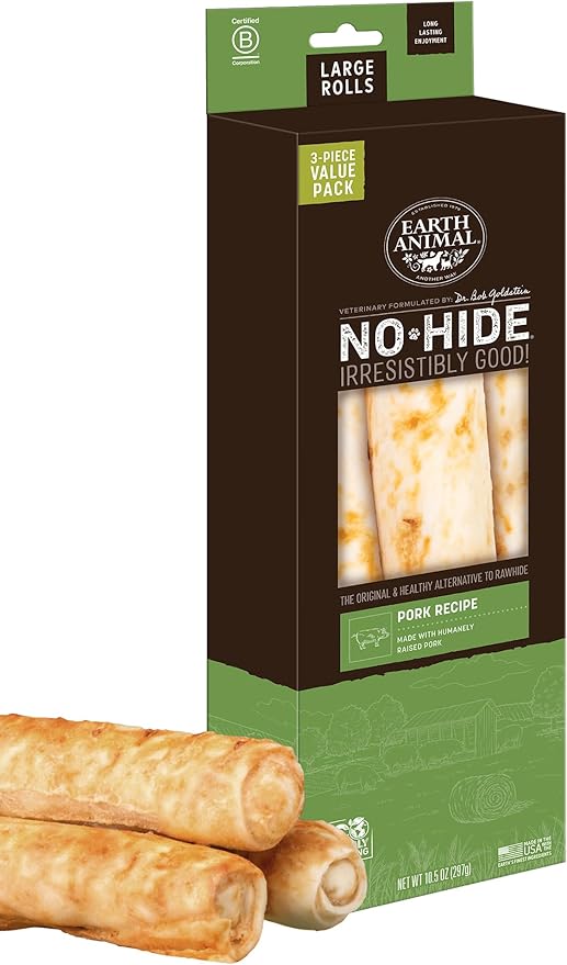 Earth Animal No-Hide Rolls Pork Recipe Large Natural Rawhide Alternative Dog Chews | 3 Count Pack of 1
