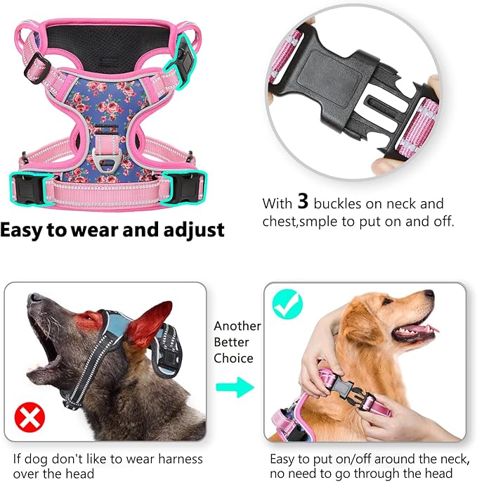 Timos Dog Harness, No-Pull Pet Harness with 2 Leash Clips, 3 Snap Buckles Adjustable Soft Padded Dog Vest, Reflective No-Choke Pet Oxford Vest with Easy Control Handle for Small Medium Large Dogs
