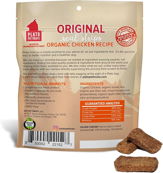 PLATO Original Real Strips Organic Chicken 3oz, Natural (850002221527)