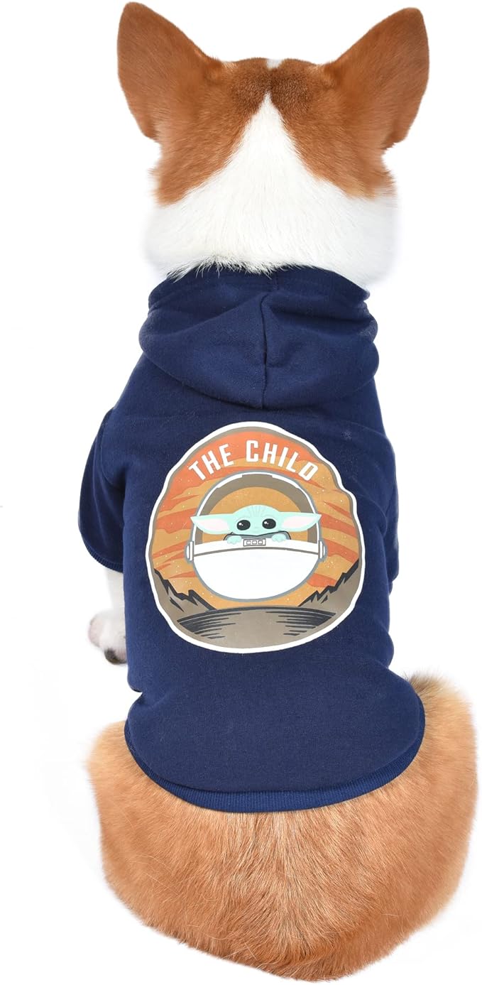 Star Wars for Pets The Mandalorian Hoodie for Dogs, "The Child" Design With Leash Attachment Hole | Cozy Hooded GROGU Sweatshirt, Navy, Large (FF20736)