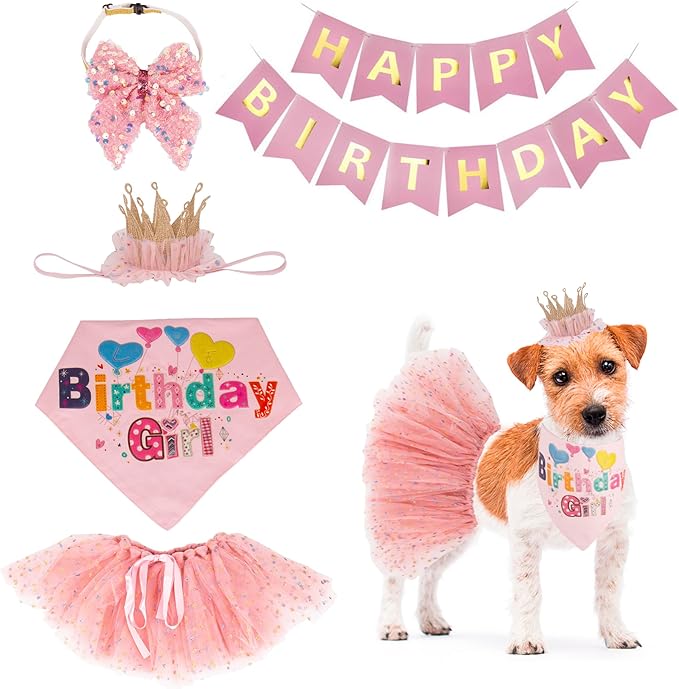 ADOGGYGO Dog Birthday Hat Bandana Girl - Puppy Birthday Party Supplies - Pink Tutu Hat Scarf Bow Banner Set for Small Dogs (Small)