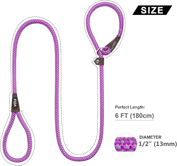 Fida Durable Slip Lead Dog Leash Bulk Pack of 5, Heavy Duty 1/2" x 6 FT Comfortable Strong Rope Slip Leash for Large, Medium Dogs with Highly Reflective, Purple