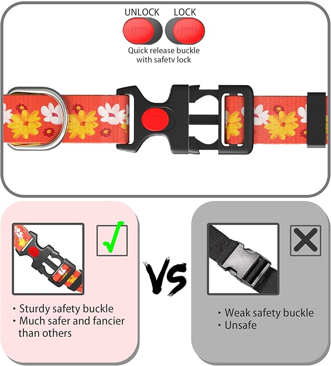 Cute Floral Dog Collar for Small Medium Large Dogs,Girl Female Dog Collars Soft Patterns Adjustable Pet Collar with Quick Release Safety Buckle for Puppy Breed Boy Dogs,Daffodil,S
