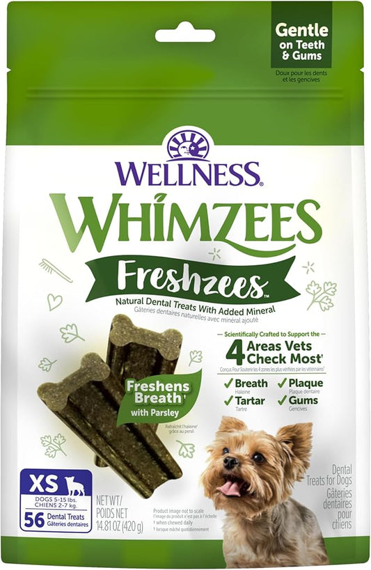 WHIMZEES Wellness Freshzees Dog Dental Treats, Natural Chews, Extra Small Size Stick, (56 Count)