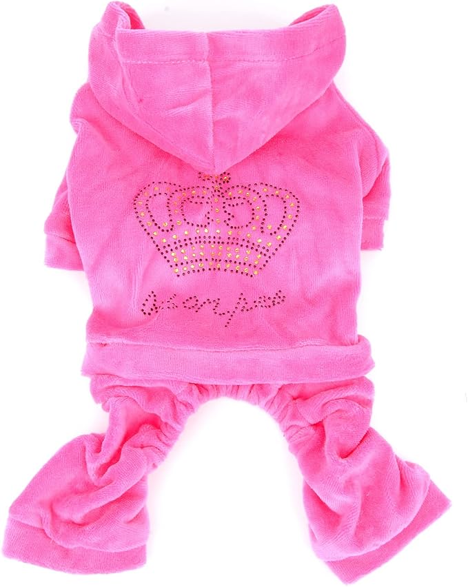 SEIMAI Dog Hoodies Jumpsuit for Small Dog Cat Puppy Rhinestone Crown Soft Velvet Autumn Winter Hooded Pajamas Tracksuit Outfits Sportswear Jacket with Hat Training Outdoor Pink S