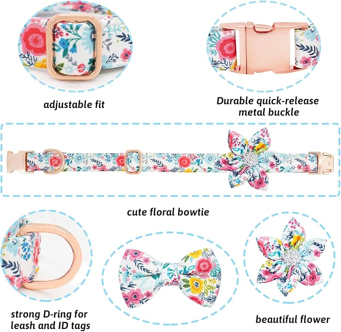 Dog Collar and Leash Set Girls Adjustable Puppy Collars with Floral Bow Tie for Small Medium Large Female Dogs, Teal Flower, S