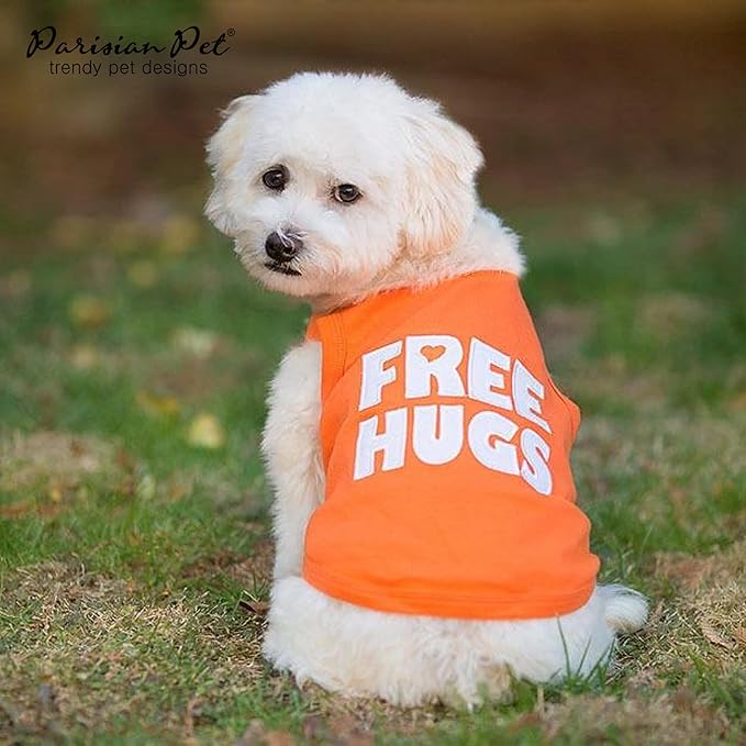Parisian Pet Dog T-Shirt - Embroidered ' Free Hugs ' Dogs Apparel - 100% Cotton, Dog Clothes - Sleeveless Doggy Tank Top - Machine Washable Shirts for Large Dogs XL