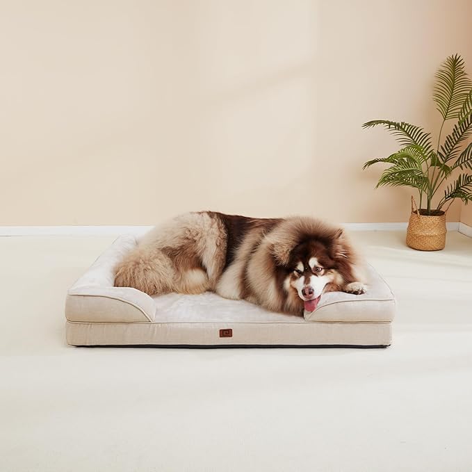 EHEYCIGA Orthopedic Dog Beds for Extra Large Dogs, Waterproof Memory Foam XXL Dog Bed with Sides, Non-Slip Bottom and Egg-Crate Foam Big Pet Couch Bed with Washable Removable Cover, Beige