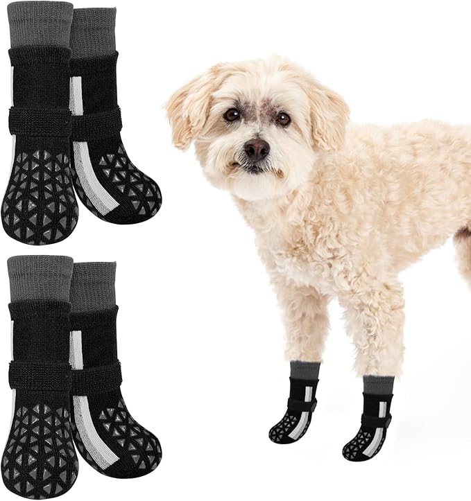 SCENEREAL Anti Slip Dog Socks for Hot Pavement to Prevent Licking Paws, Long Sporty Style Reflective Dog Grip Socks for Hardwood Floors, Dog Shoes Booties&Paw Protector for Small Senior Dog, Black S