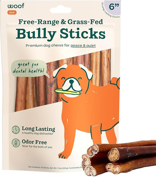 WOOF Bully Sticks Dog Treats - Chew Sticks for Dogs - Long-Lasting Dog Chew Treats - Products Made with Free-Range, Grass-Fed Beef - 6" Sticks - 10pk