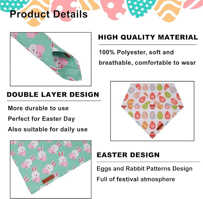 ADOGGYGO Easter Dog Bandana, Eggs Bunny Pet Scarf, Premium Durable Fabric, Adjustable Fit White Green Holiday Easter Bandanas for Small Dogs (Small)