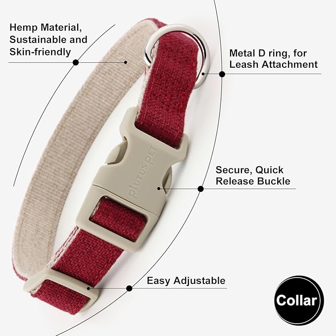 Plutus Pet Cotton Hemp Dog Collar and Leash Set, Adjustable Collar for Small, Medium, and Large Dogs, Heavy Duty and Soft on Skin, Red, XL