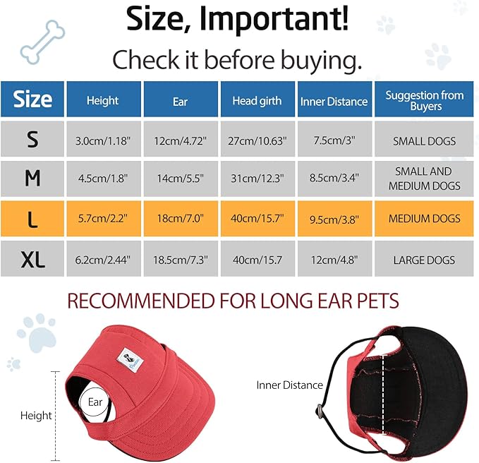 Pawaboo Dog Baseball Cap, Outdoor Pet Sport Sun Protection Baseball Cap Hat, Adjustable Travel Sport Hat Visor Sunbonnet Outfit with Ear Holes for Small Dogs Puppy, L, Red