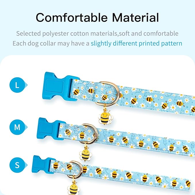 Dog Collars with Buckle Adjustable for Cute Girl Female Boy Dogs,Special Soft and Fancy Dog Pet Collar with Bee Design for Small Medium Large Dogs (Medium, Blue-Bee)