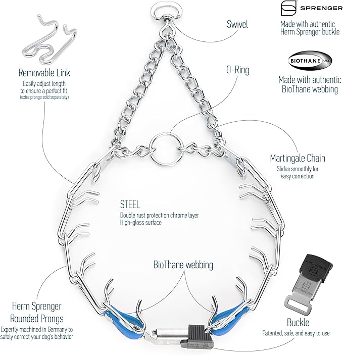 Herm Sprenger Chrome Plated Steel Dog Collar with Quick Release ClicLock Buckle and Biothane Insert Training Collar for Dogs Made in Germany (Cerulean Blue, 22in x 3.0mm(Neck Size up to 18-19in))