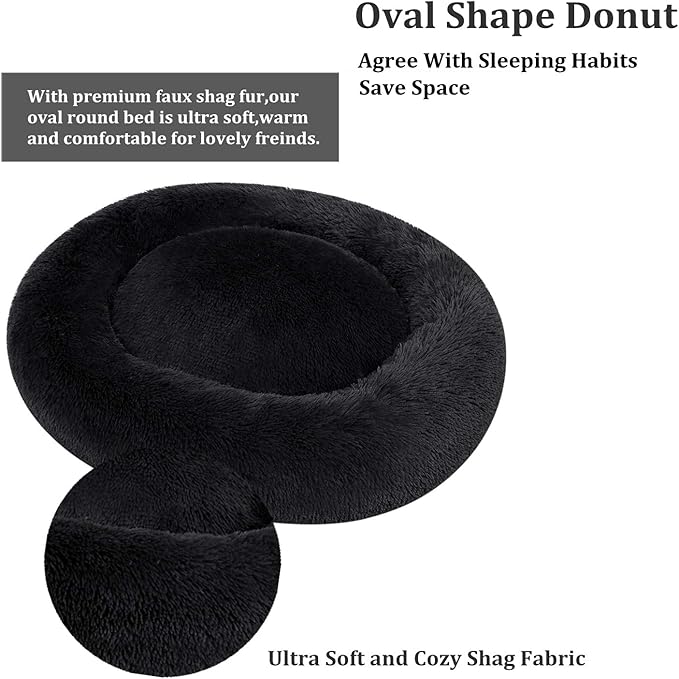 Coohom Oval Calming Donut Cuddler Dog Bed,Shag Faux Fur Cat Bed Washable Round Pillow Pet Bed(30"/36"/43") for Small Medium Dogs (XXL(43"x34"x8"), Dark Grey)