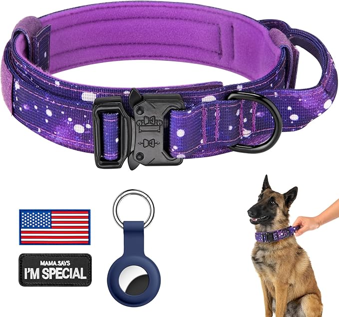 DAGANXI Tactical Dog Collar, Adjustable Military Training Nylon Dog Collar with Control Handle and Heavy Metal Buckle for Medium and Large Dogs, with Patches and Airtags Case (M, Purple Sky)